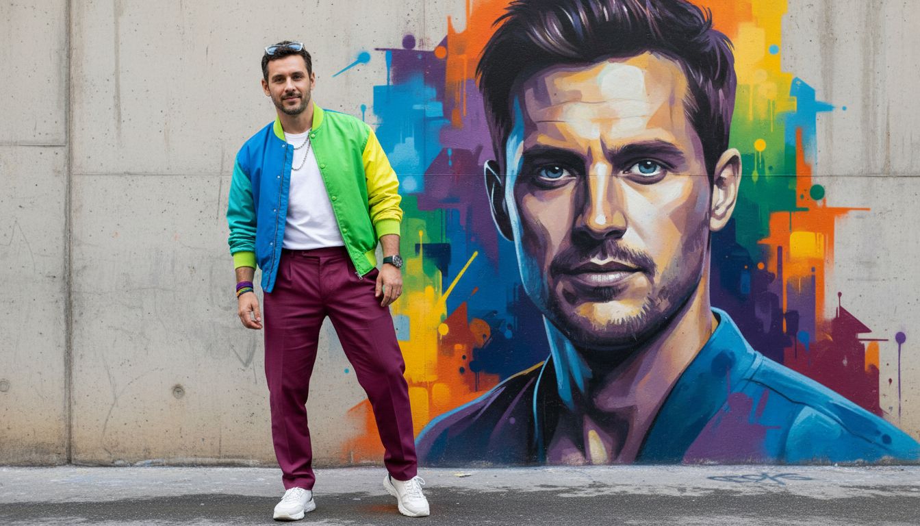 AI generated street fashion portrait of a young man posing beside a modern mural of himself on a concrete wall