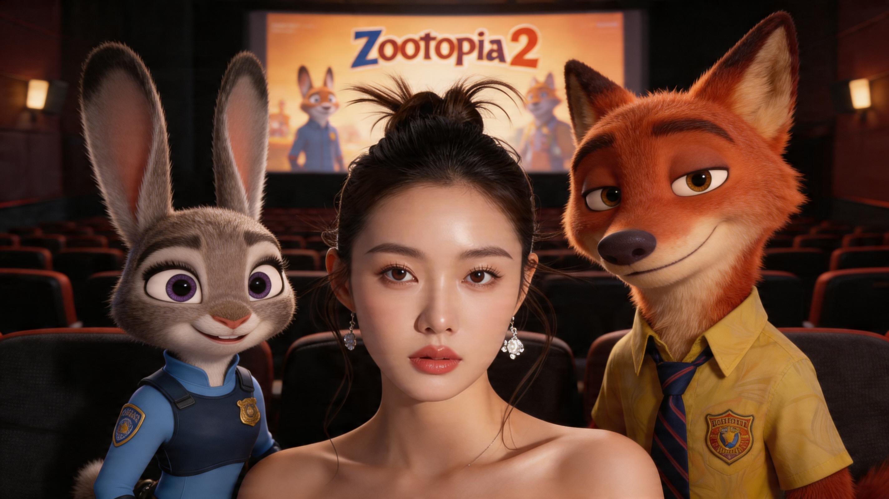 AI generated cinematic theater selfie with Judy Hopps, Nick Wilde, and a Zootopia 2 poster in the background