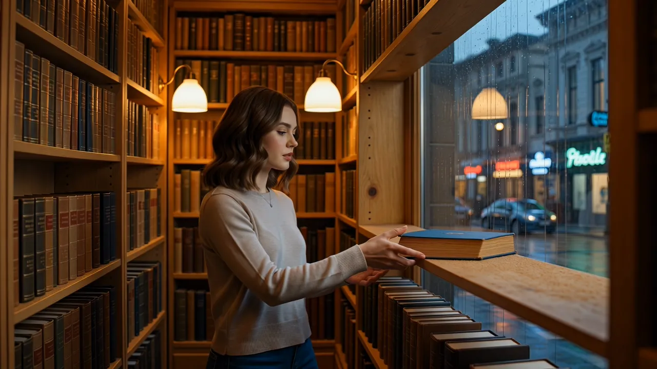 AI generated cinematic video of a woman discovering a postcard inside a rainy night used bookstore